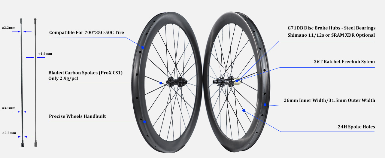 ProX G71DB Super Light Carbon Spokes Gravel Carbon Wheels